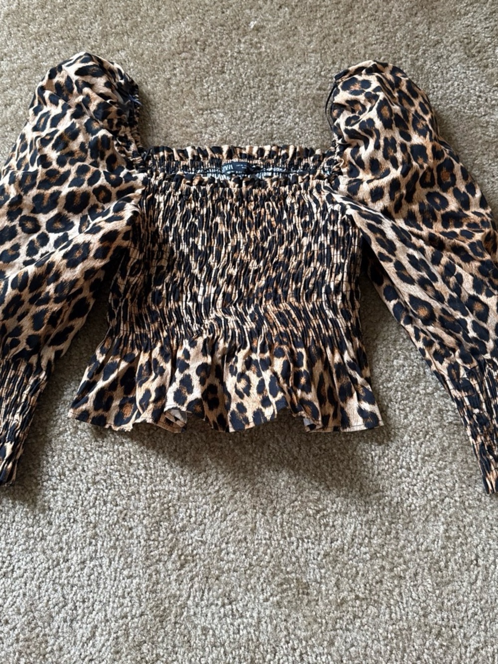 Zara Leopard Print Smocked Puff-Sleeve Top - Brown/Black